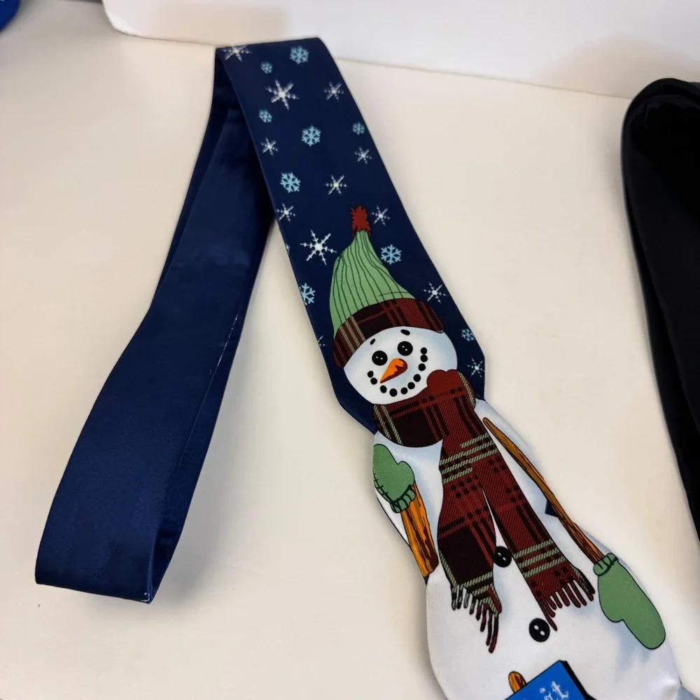 2 Vtg Holiday St Nicks Tie Shop Snowman Shape Santa Christmas Tree Polyester